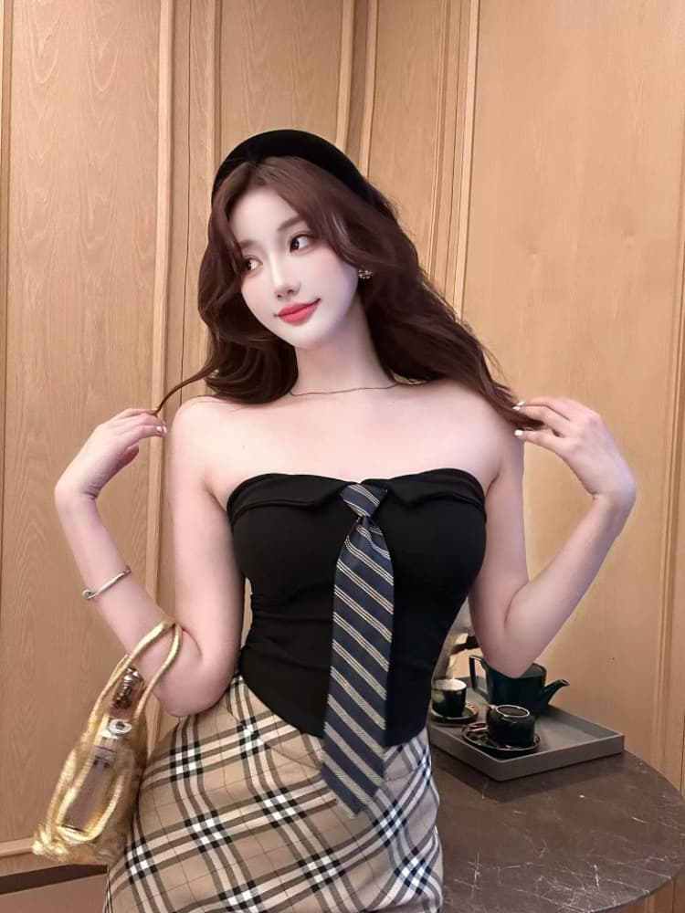 실사 감소되지 않음 핫걸 폴로 칼라 스트라이프 넥타이 한 단어 포장 가슴 튜브탑 작은 조끼 언더 코트 상세 이미지 23