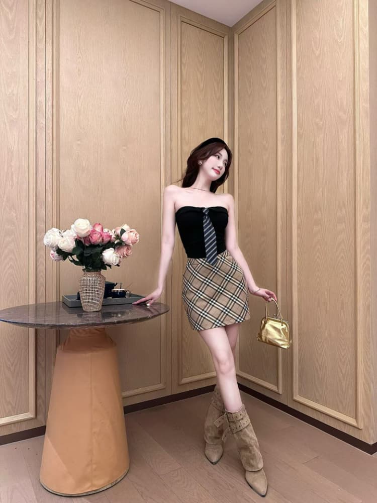 실사 감소되지 않음 핫걸 폴로 칼라 스트라이프 넥타이 한 단어 포장 가슴 튜브탑 작은 조끼 언더 코트 상세 이미지 24