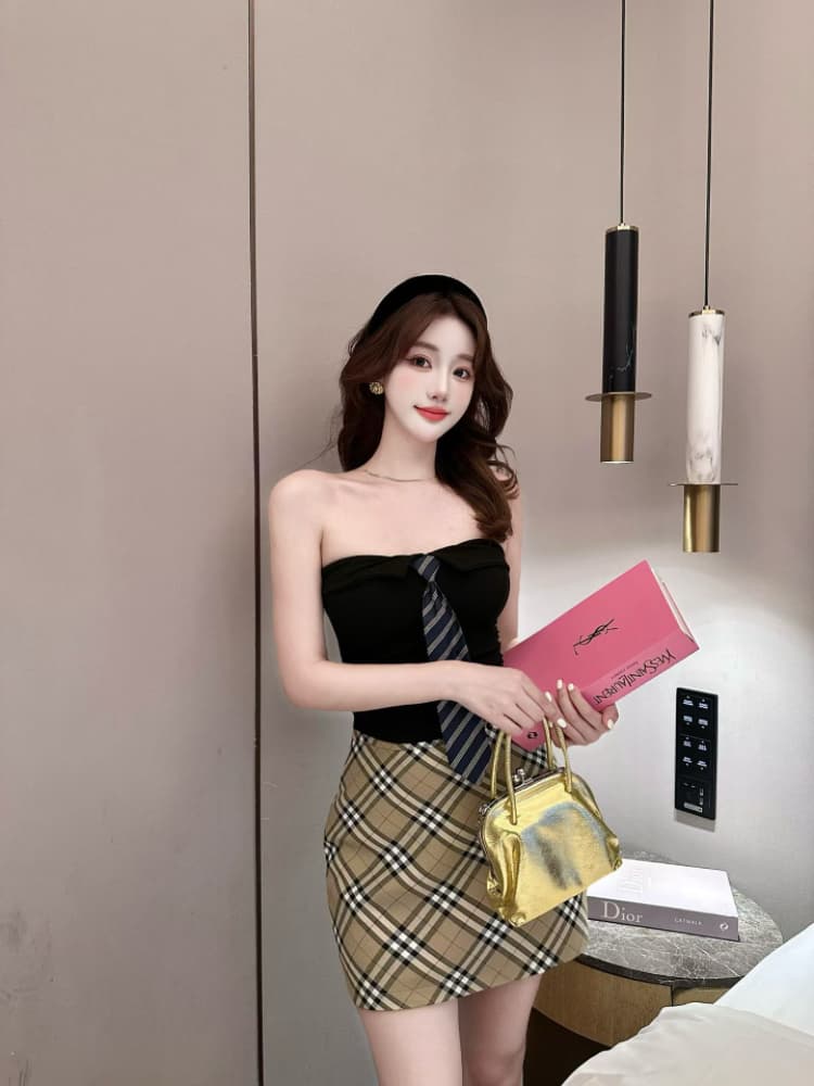 실사 감소되지 않음 핫걸 폴로 칼라 스트라이프 넥타이 한 단어 포장 가슴 튜브탑 작은 조끼 언더 코트 상세 이미지 25
