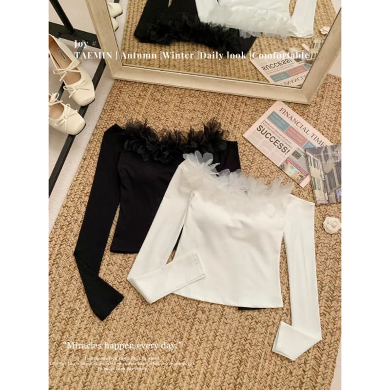실사 감소되지 않음 순수한 욕망 핫걸 꽃 패치워크 티셔츠 여성 가을 비스듬한 어깨 디자인 센스 긴팔 맨위 이미지 5