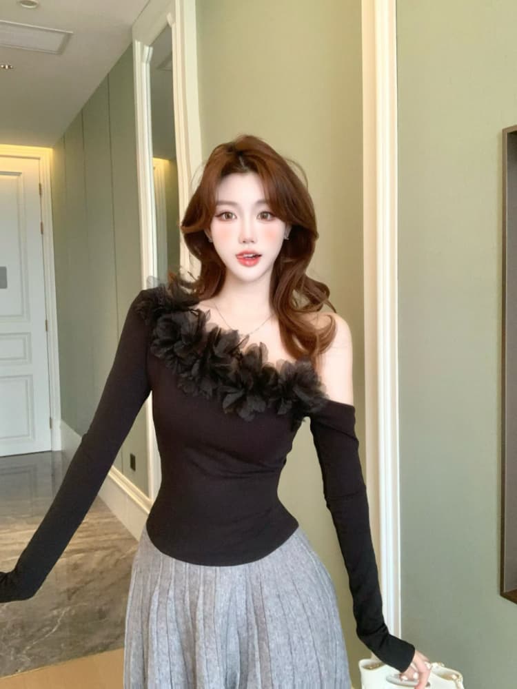 실사 감소되지 않음 순수한 욕망 핫걸 꽃 패치워크 티셔츠 여성 가을 비스듬한 어깨 디자인 센스 긴팔 맨위 상세 이미지 6