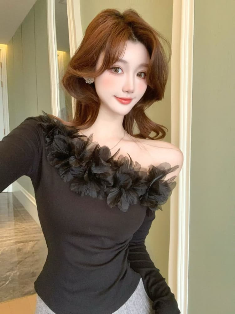 실사 감소되지 않음 순수한 욕망 핫걸 꽃 패치워크 티셔츠 여성 가을 비스듬한 어깨 디자인 센스 긴팔 맨위 상세 이미지 7