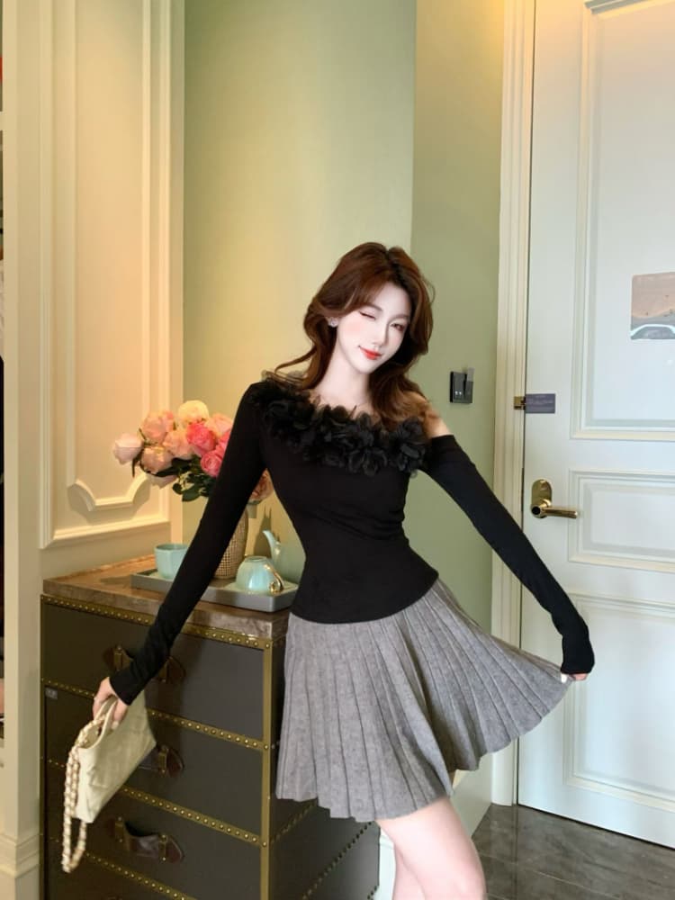 실사 감소되지 않음 순수한 욕망 핫걸 꽃 패치워크 티셔츠 여성 가을 비스듬한 어깨 디자인 센스 긴팔 맨위 상세 이미지 9