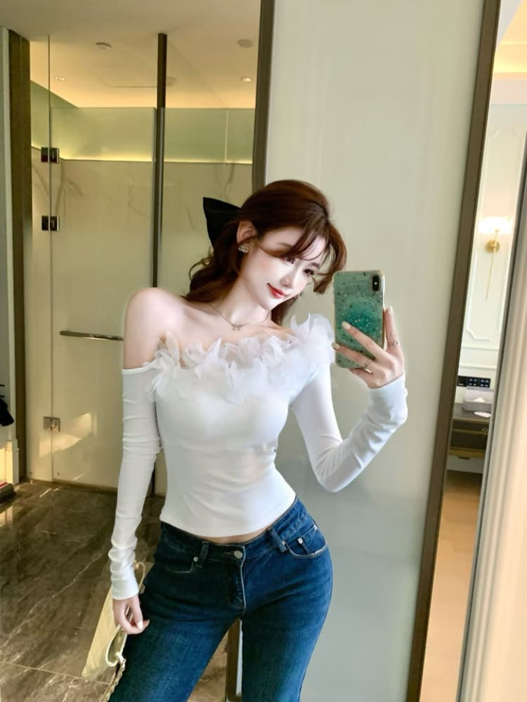 실사 감소되지 않음 순수한 욕망 핫걸 꽃 패치워크 티셔츠 여성 가을 비스듬한 어깨 디자인 센스 긴팔 맨위 상세 이미지 10