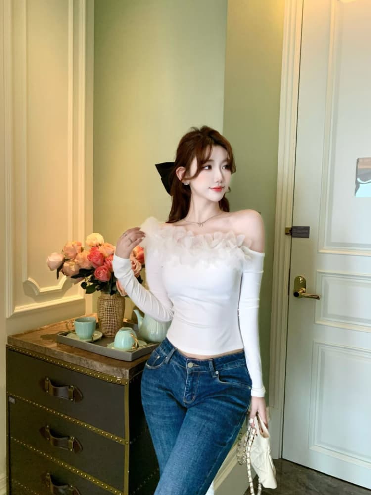 실사 감소되지 않음 순수한 욕망 핫걸 꽃 패치워크 티셔츠 여성 가을 비스듬한 어깨 디자인 센스 긴팔 맨위 상세 이미지 11