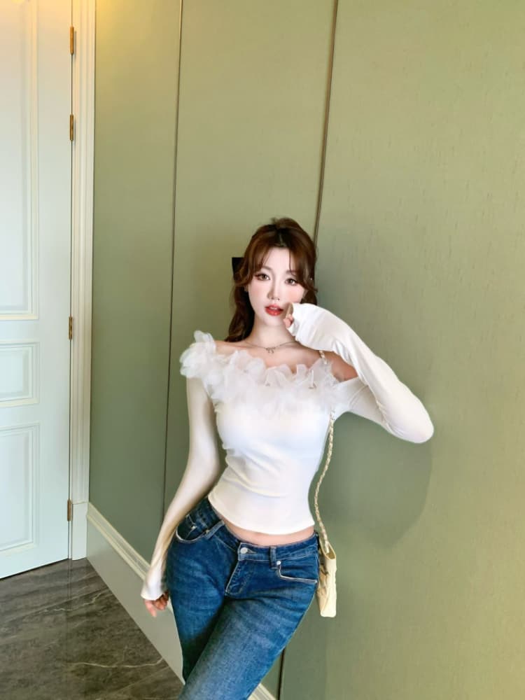실사 감소되지 않음 순수한 욕망 핫걸 꽃 패치워크 티셔츠 여성 가을 비스듬한 어깨 디자인 센스 긴팔 맨위 상세 이미지 13