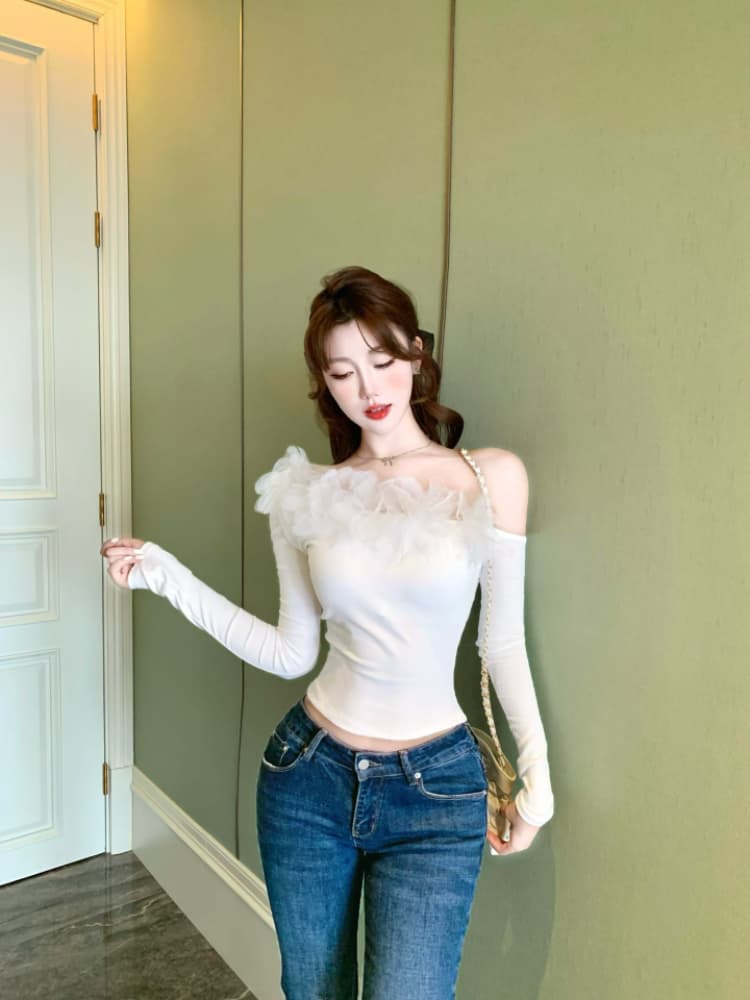 실사 감소되지 않음 순수한 욕망 핫걸 꽃 패치워크 티셔츠 여성 가을 비스듬한 어깨 디자인 센스 긴팔 맨위 상세 이미지 14