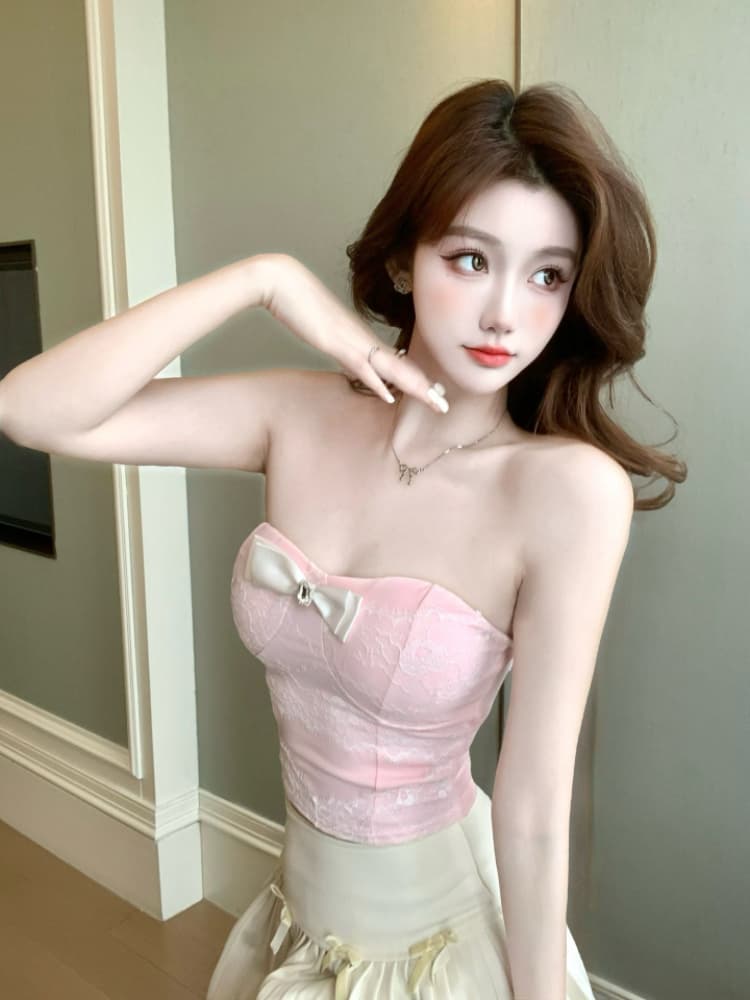 실사 감소되지 않음  순수한 욕망 섹시함 레이스 조각 나비 매듭 튜브탑 조끼 여성 외출용 만나는 맨위 상세 이미지 10