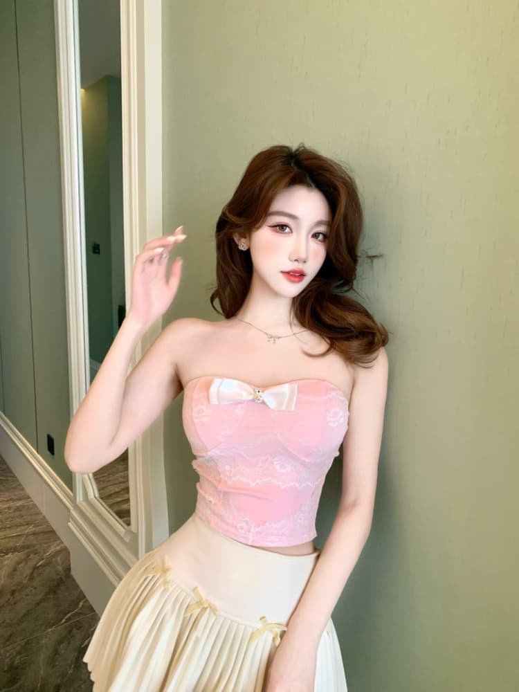 실사 감소되지 않음  순수한 욕망 섹시함 레이스 조각 나비 매듭 튜브탑 조끼 여성 외출용 만나는 맨위 상세 이미지 11