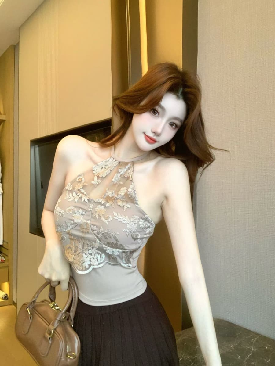 실사 감소되지 않음 순수한 욕망 핫걸 레이스 행침 목 캐미솔 봄 여름 몸매 가꾸기 반팔 언더 코트 이미지 2