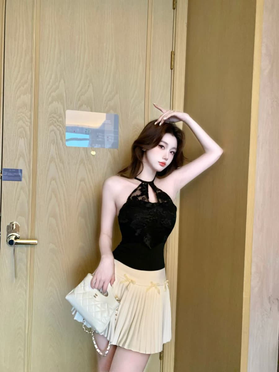 실사 감소되지 않음 순수한 욕망 핫걸 레이스 행침 목 캐미솔 봄 여름 몸매 가꾸기 반팔 언더 코트 이미지 3