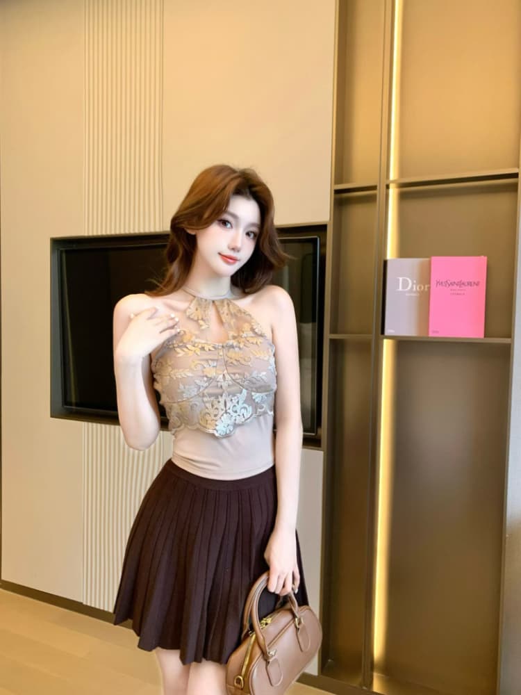 실사 감소되지 않음 순수한 욕망 핫걸 레이스 행침 목 캐미솔 봄 여름 몸매 가꾸기 반팔 언더 코트 상세 이미지 6