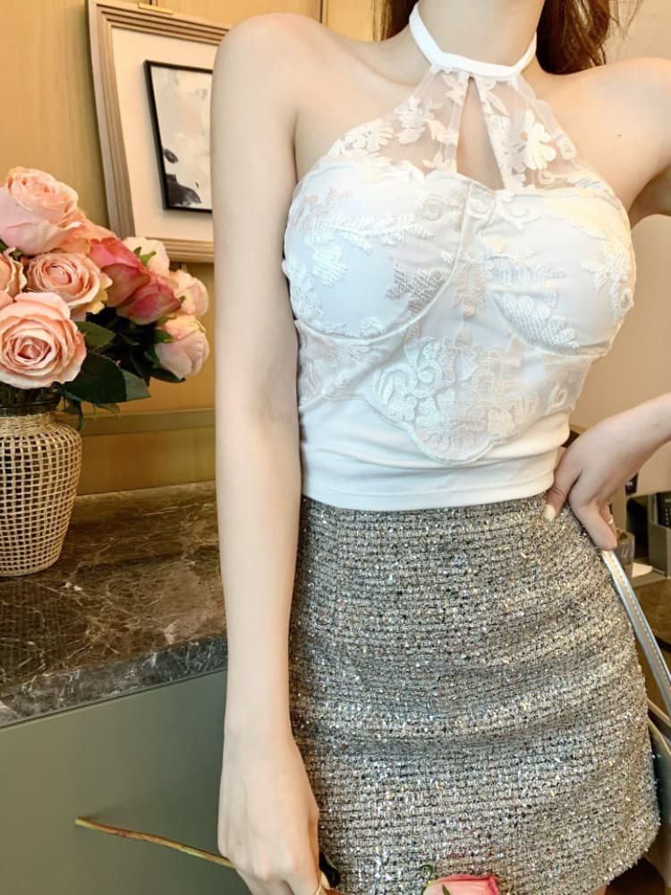 실사 감소되지 않음 순수한 욕망 핫걸 레이스 행침 목 캐미솔 봄 여름 몸매 가꾸기 반팔 언더 코트 상세 이미지 11