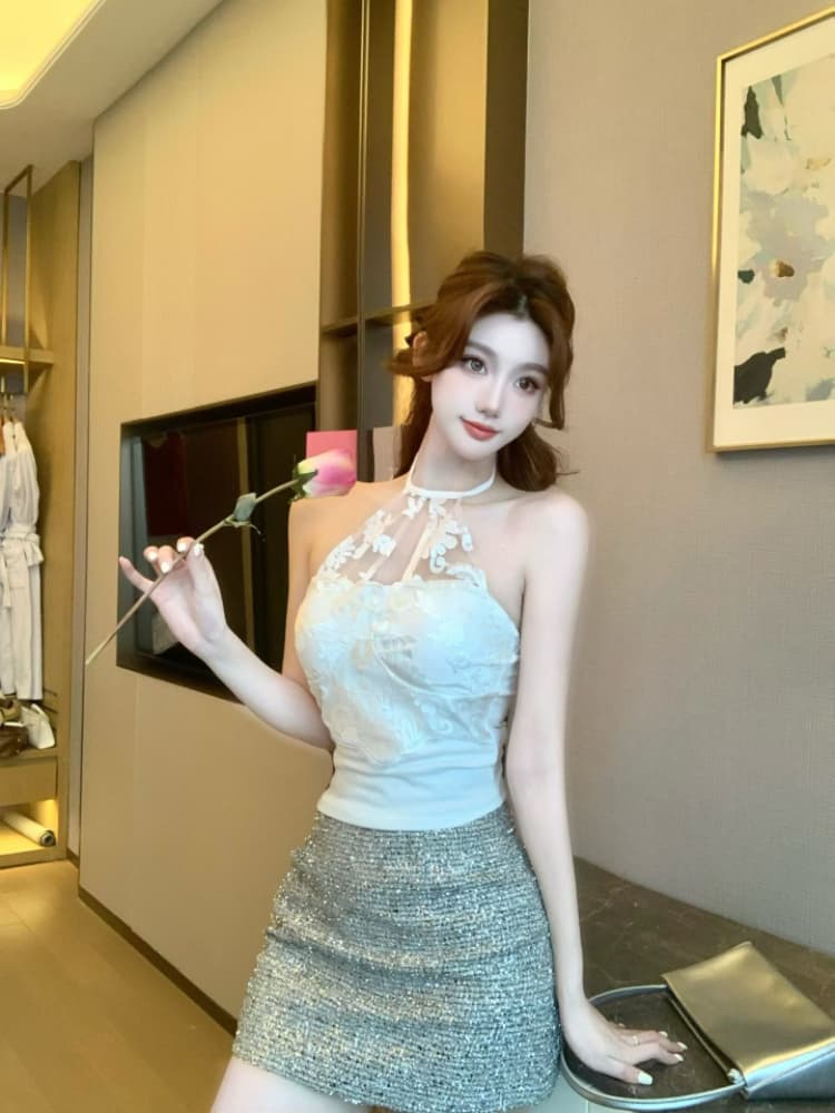 실사 감소되지 않음 순수한 욕망 핫걸 레이스 행침 목 캐미솔 봄 여름 몸매 가꾸기 반팔 언더 코트 상세 이미지 12