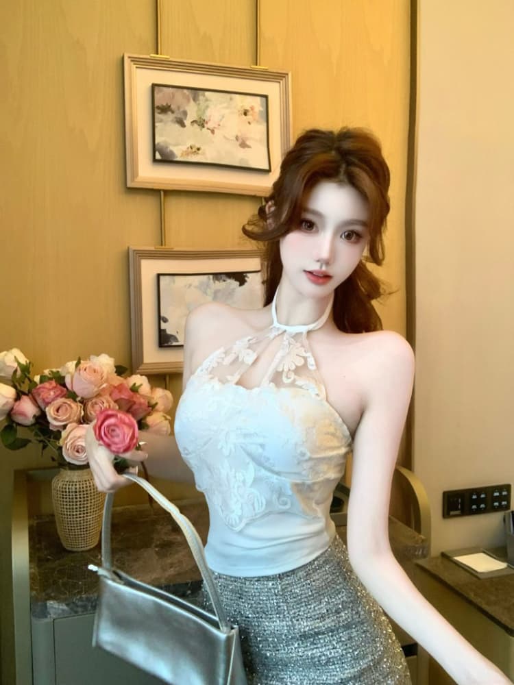 실사 감소되지 않음 순수한 욕망 핫걸 레이스 행침 목 캐미솔 봄 여름 몸매 가꾸기 반팔 언더 코트 상세 이미지 13