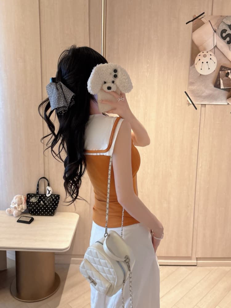 실사 감소되지 않음 학원 스타일 배색 해군 칼라 조끼 외출용 몸매 가꾸기 쇼트 스타일 Chic 민소매 맨위 상세 이미지 5