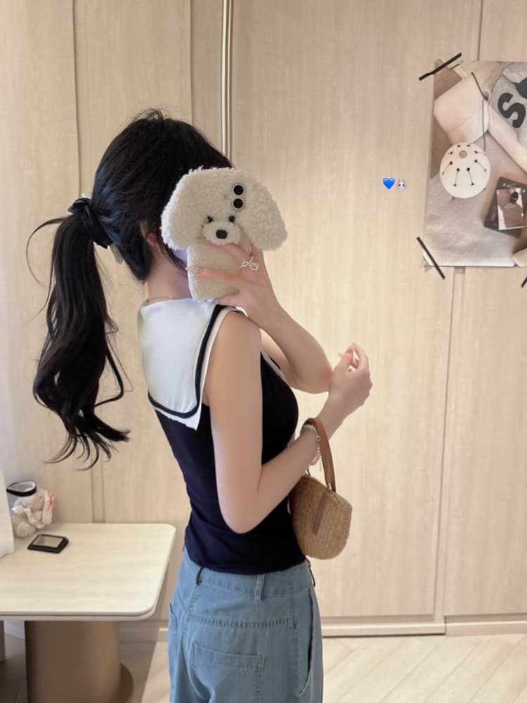실사 감소되지 않음 학원 스타일 배색 해군 칼라 조끼 외출용 몸매 가꾸기 쇼트 스타일 Chic 민소매 맨위 상세 이미지 22