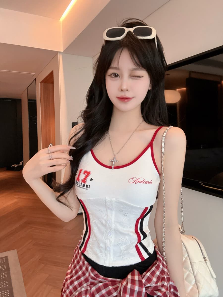 실사 감소되지 않음 핫걸 배색 몸매 가꾸기 캐미솔 여름 슬림해 보이는 벨트 가슴 패드 만나는 맨위 이미지 4