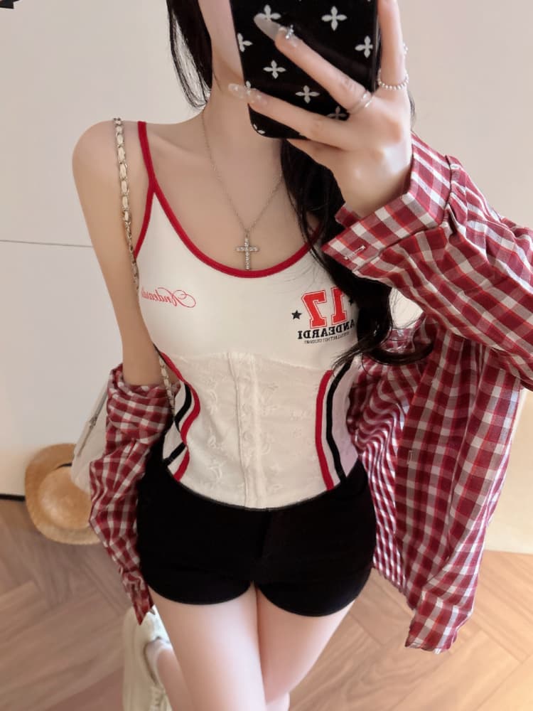 실사 감소되지 않음 핫걸 배색 몸매 가꾸기 캐미솔 여름 슬림해 보이는 벨트 가슴 패드 만나는 맨위 상세 이미지 4