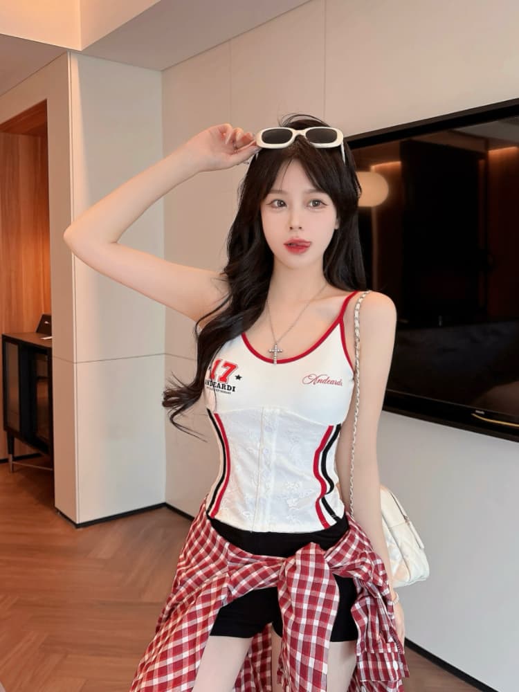 실사 감소되지 않음 핫걸 배색 몸매 가꾸기 캐미솔 여름 슬림해 보이는 벨트 가슴 패드 만나는 맨위 상세 이미지 6