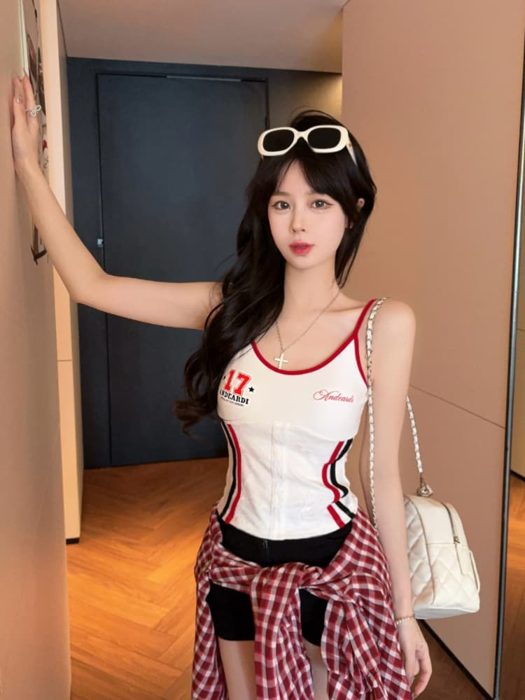 실사 감소되지 않음 핫걸 배색 몸매 가꾸기 캐미솔 여름 슬림해 보이는 벨트 가슴 패드 만나는 맨위 상세 이미지 11