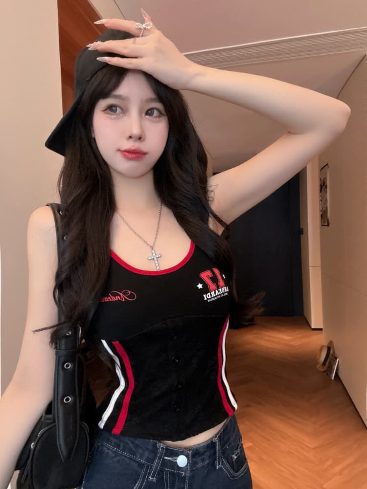 실사 감소되지 않음 핫걸 배색 몸매 가꾸기 캐미솔 여름 슬림해 보이는 벨트 가슴 패드 만나는 맨위 상세 이미지 12