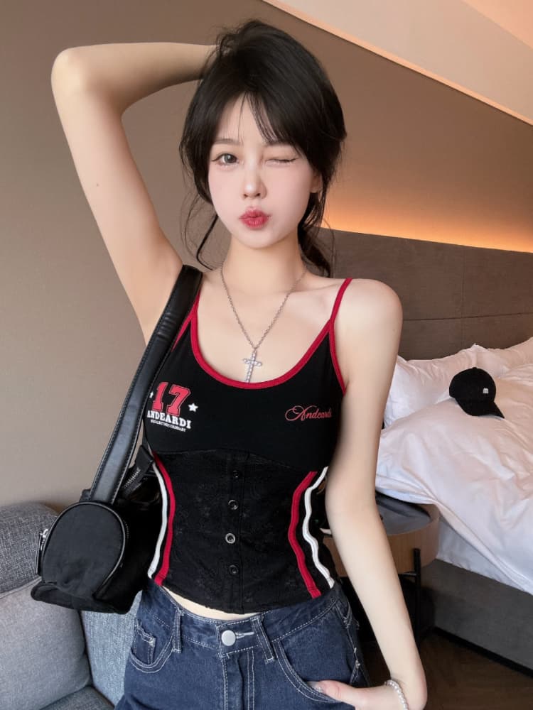 실사 감소되지 않음 핫걸 배색 몸매 가꾸기 캐미솔 여름 슬림해 보이는 벨트 가슴 패드 만나는 맨위 상세 이미지 20