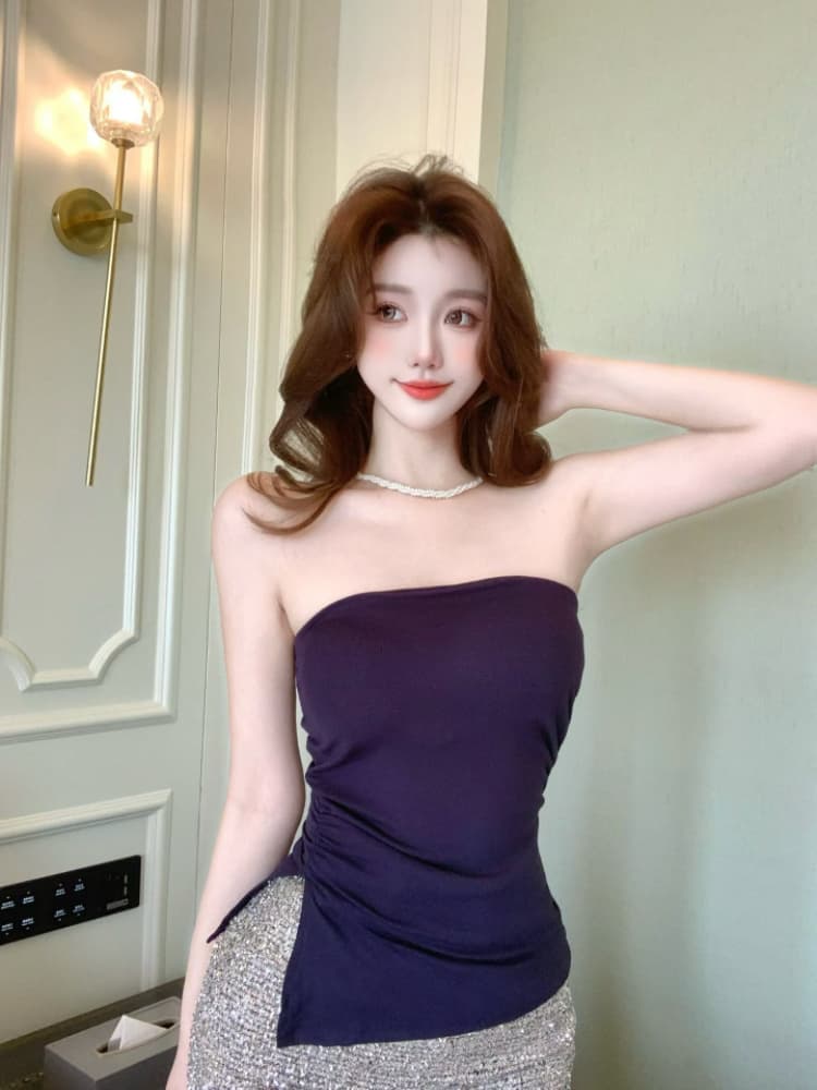 실사 감소되지 않음 핫걸 불규칙 허리 수축 튜브탑 조끼 여성 여름 외출용 한 단어 와이 민소매 맨위 상세 이미지 14