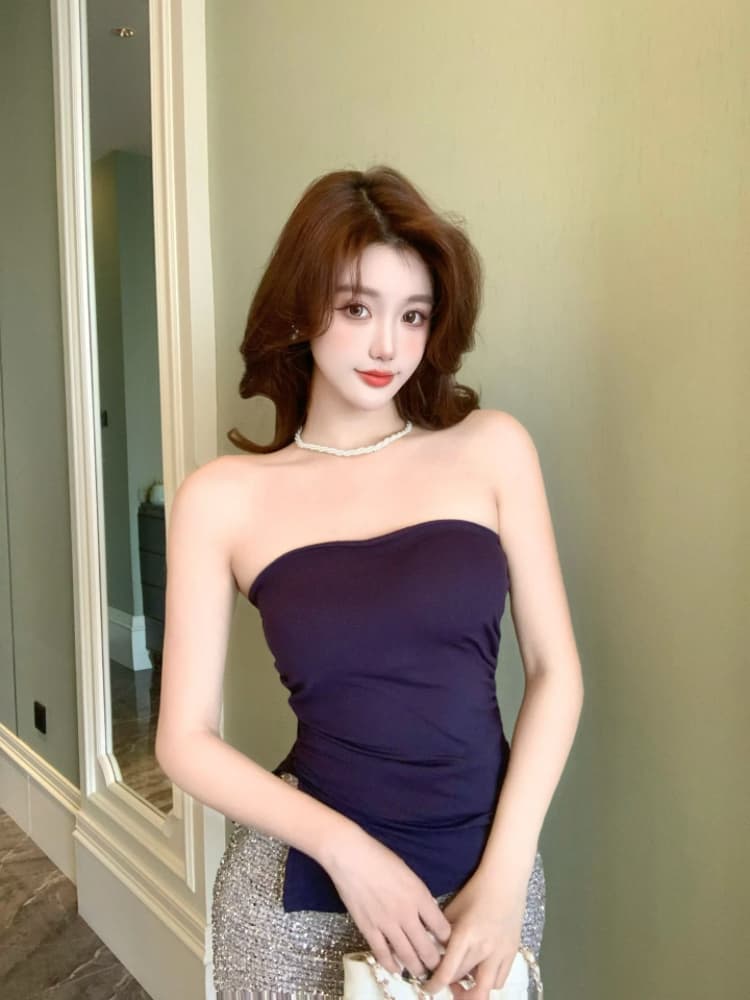 실사 감소되지 않음 핫걸 불규칙 허리 수축 튜브탑 조끼 여성 여름 외출용 한 단어 와이 민소매 맨위 상세 이미지 15