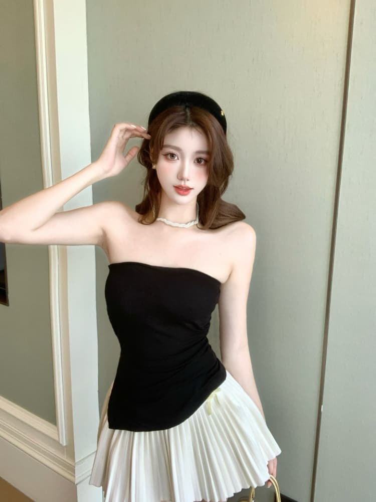 실사 감소되지 않음 핫걸 불규칙 허리 수축 튜브탑 조끼 여성 여름 외출용 한 단어 와이 민소매 맨위 상세 이미지 19