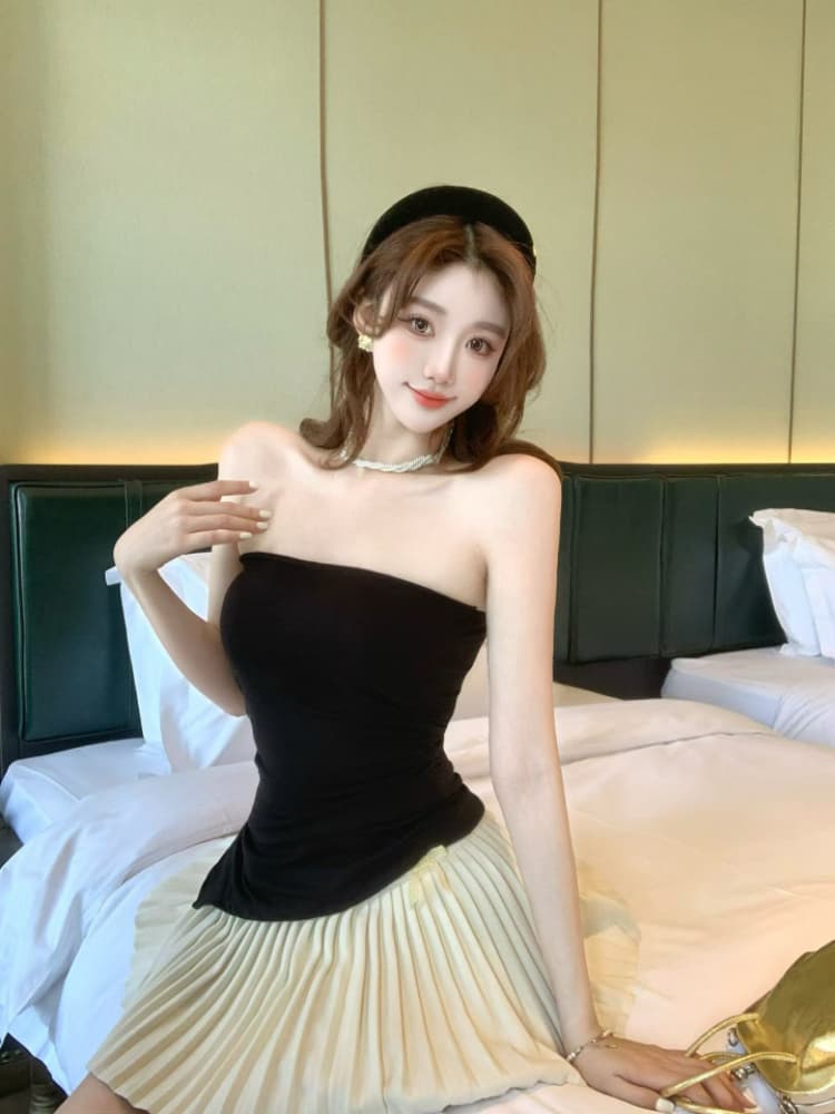 실사 감소되지 않음 핫걸 불규칙 허리 수축 튜브탑 조끼 여성 여름 외출용 한 단어 와이 민소매 맨위 상세 이미지 22