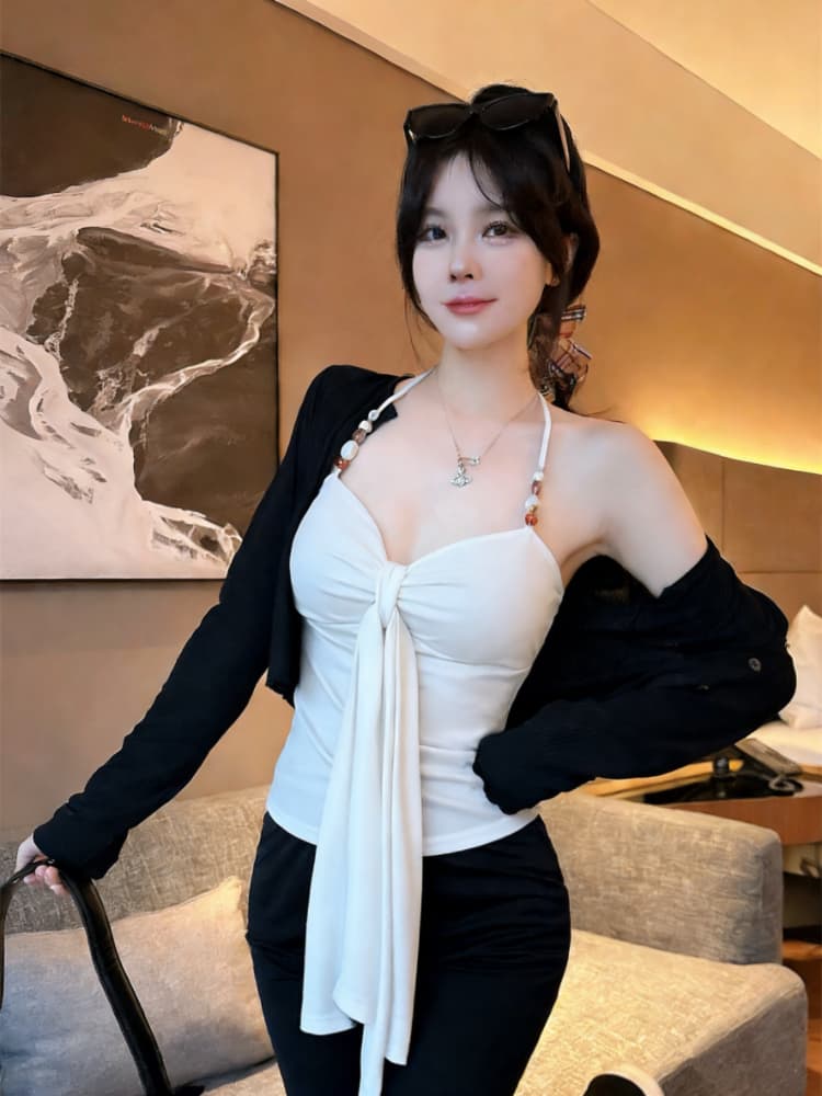 실사 감소되지 않음 핫걸 나비 넥타이 행침 목 캐미솔 여름 허리 수축 슬림해 보이는 맨위 상세 이미지 9