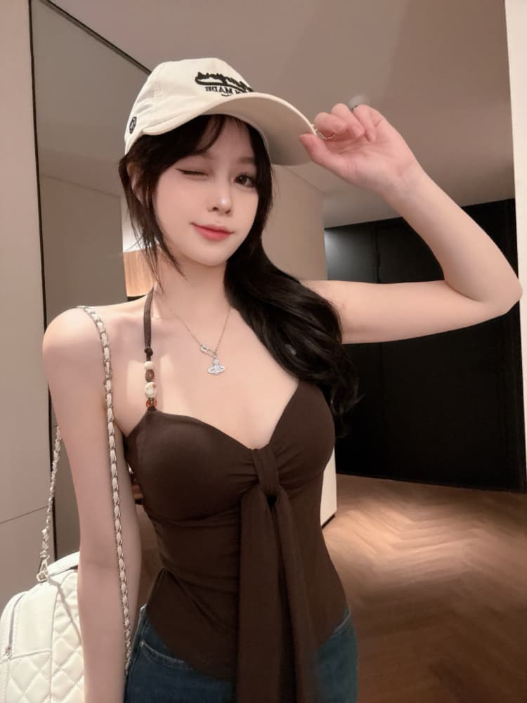 실사 감소되지 않음 핫걸 나비 넥타이 행침 목 캐미솔 여름 허리 수축 슬림해 보이는 맨위 상세 이미지 12