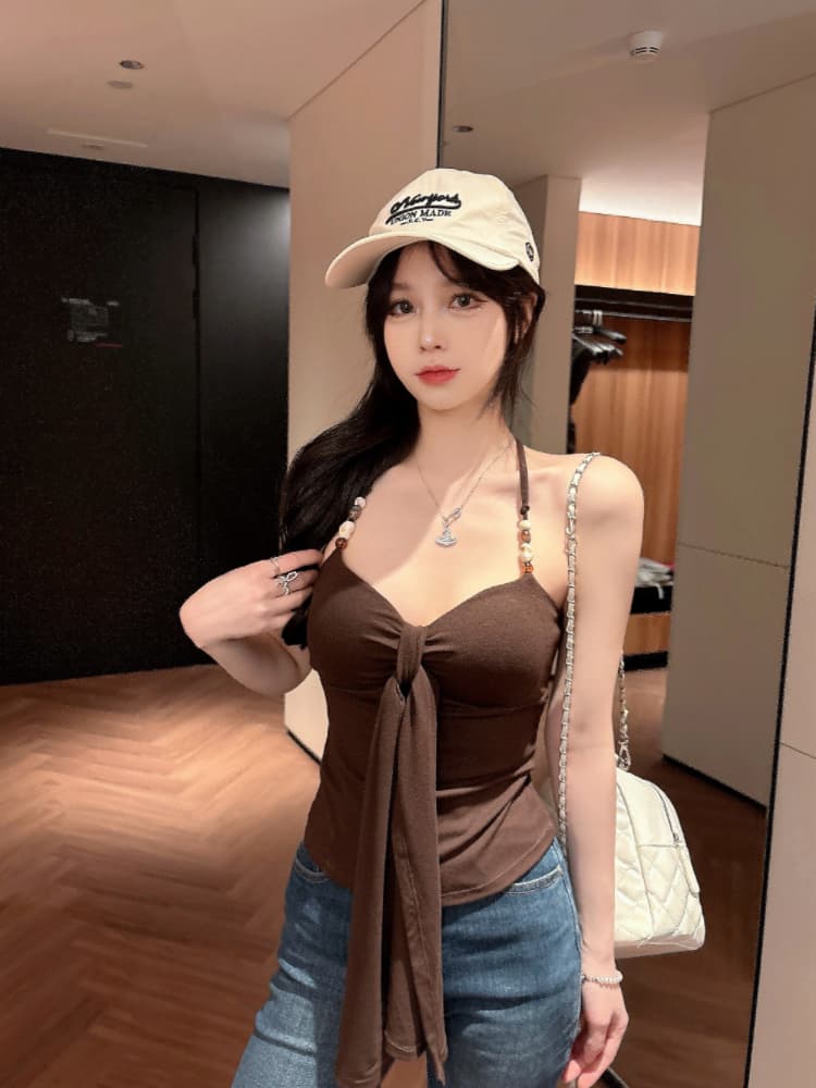 실사 감소되지 않음 핫걸 나비 넥타이 행침 목 캐미솔 여름 허리 수축 슬림해 보이는 맨위 상세 이미지 15