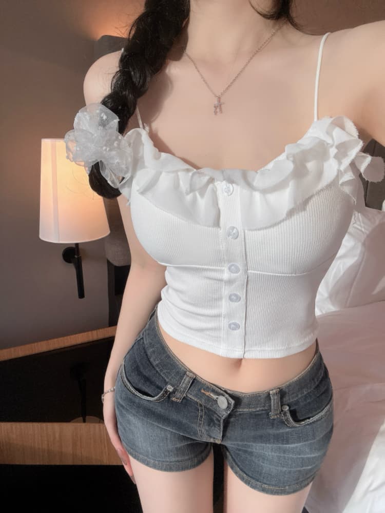 실사 감소되지 않음 핫걸 패치워크 레이스 쇼트 스타일 튜브탑 슬립 만나는 V넥 몸매 가꾸기 조끼 맨위 상세 이미지 16