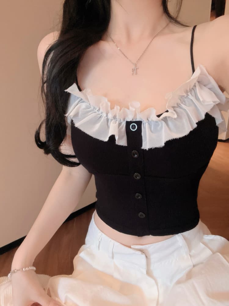 실사 감소되지 않음 핫걸 패치워크 레이스 쇼트 스타일 튜브탑 슬립 만나는 V넥 몸매 가꾸기 조끼 맨위 상세 이미지 20