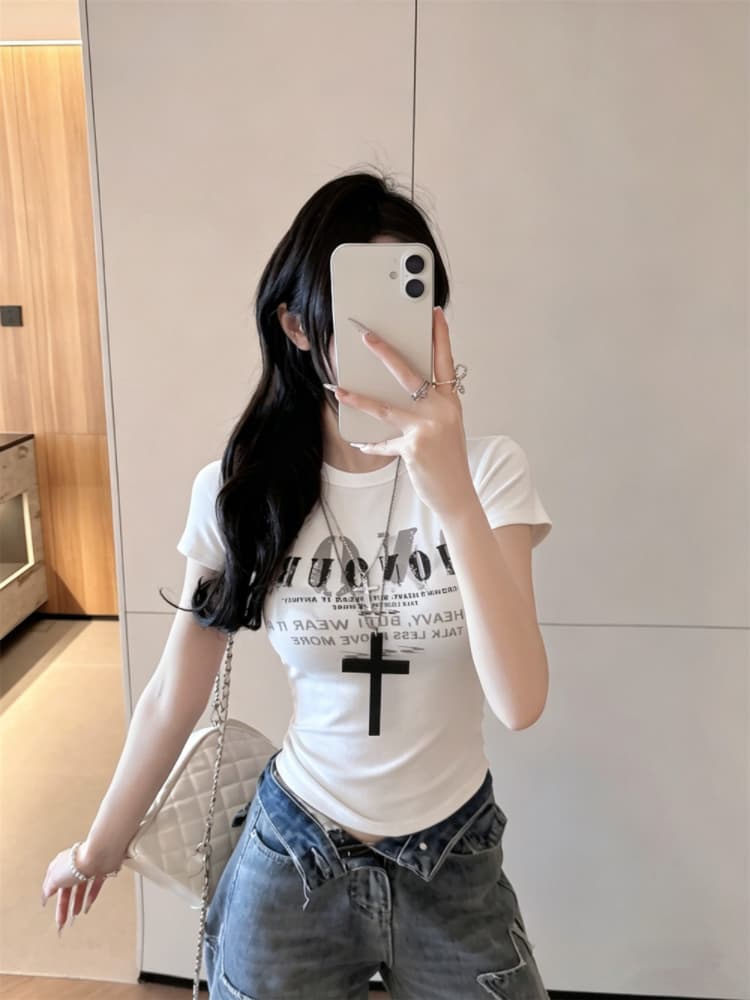 실사 감소되지 않음 아메리칸 핫걸 알파벳 반팔 티셔츠 여성 Z아 어깨끈 가슴 패드 몸매 가꾸기 맨위 상세 이미지 5