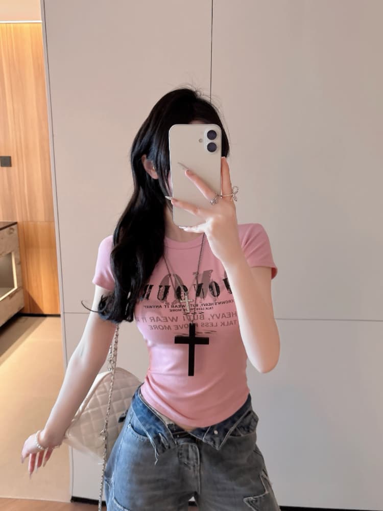 실사 감소되지 않음 아메리칸 핫걸 알파벳 반팔 티셔츠 여성 Z아 어깨끈 가슴 패드 몸매 가꾸기 맨위 상세 이미지 19