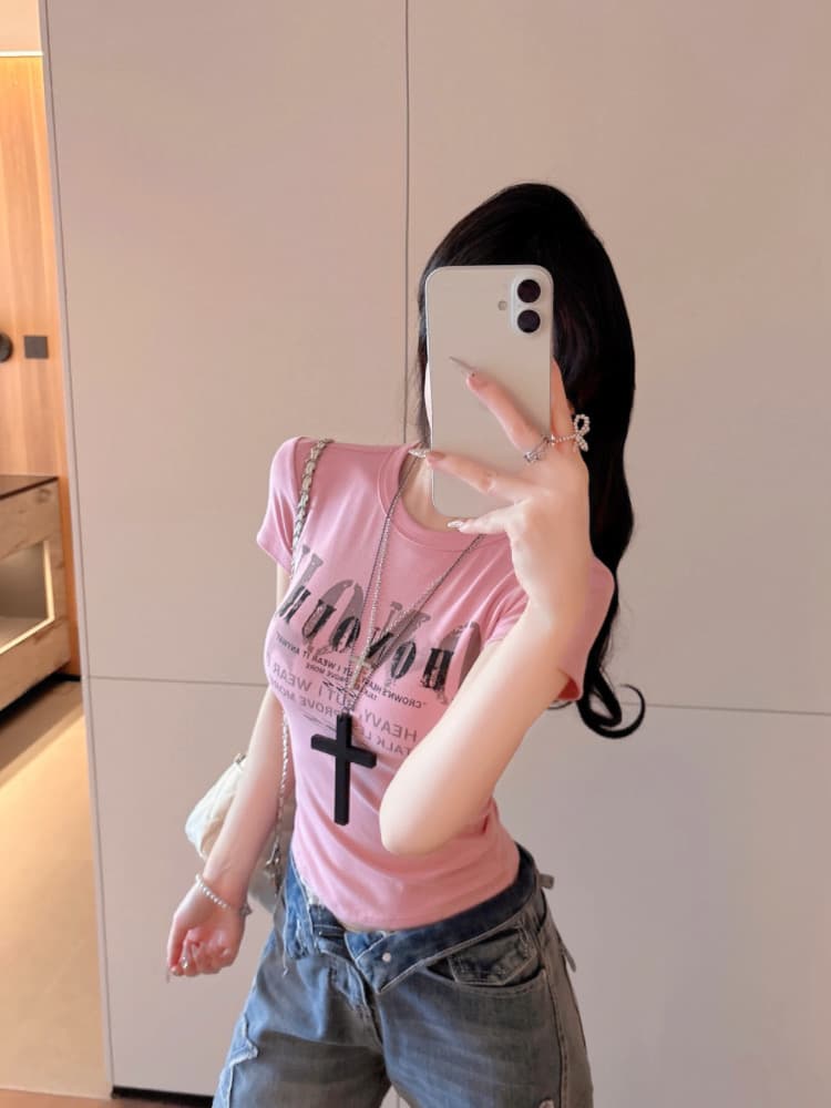 실사 감소되지 않음 아메리칸 핫걸 알파벳 반팔 티셔츠 여성 Z아 어깨끈 가슴 패드 몸매 가꾸기 맨위 상세 이미지 20