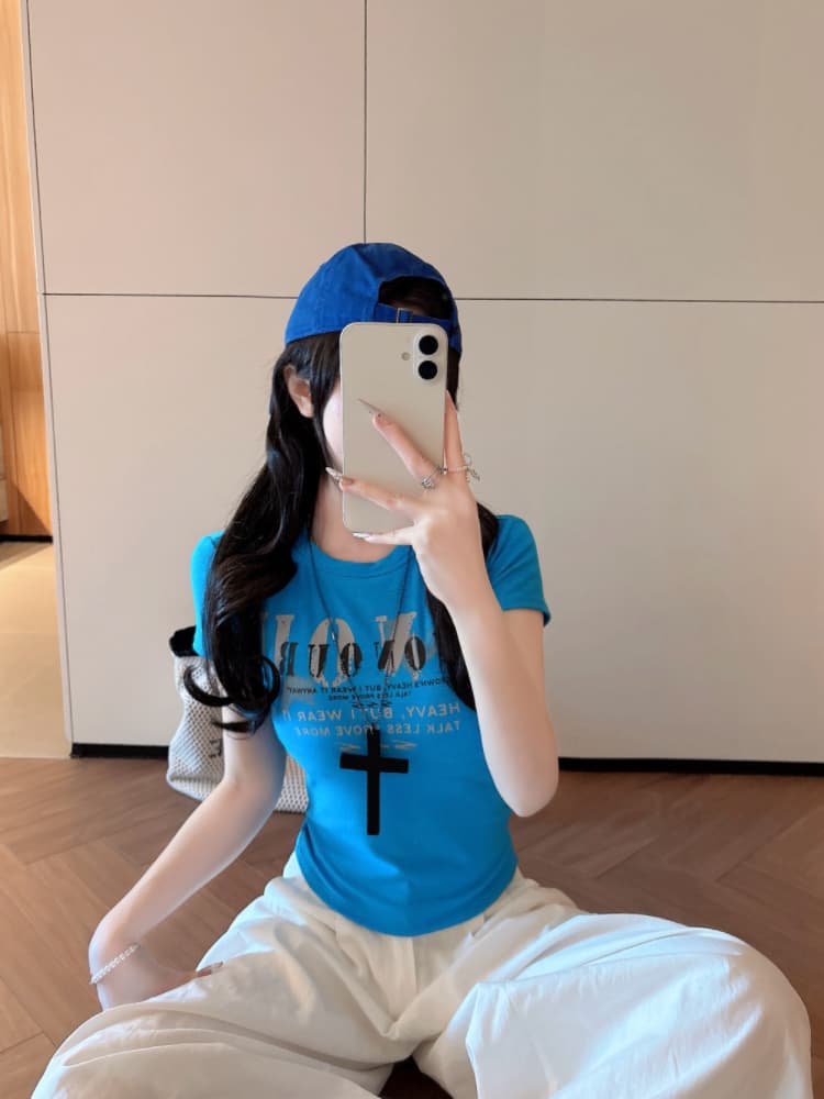 실사 감소되지 않음 아메리칸 핫걸 알파벳 반팔 티셔츠 여성 Z아 어깨끈 가슴 패드 몸매 가꾸기 맨위 상세 이미지 27
