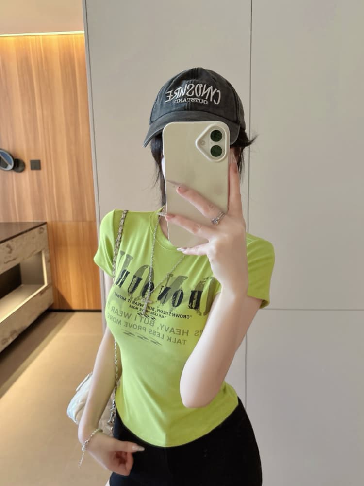 실사 감소되지 않음 아메리칸 핫걸 알파벳 반팔 티셔츠 여성 Z아 어깨끈 가슴 패드 몸매 가꾸기 맨위 상세 이미지 31