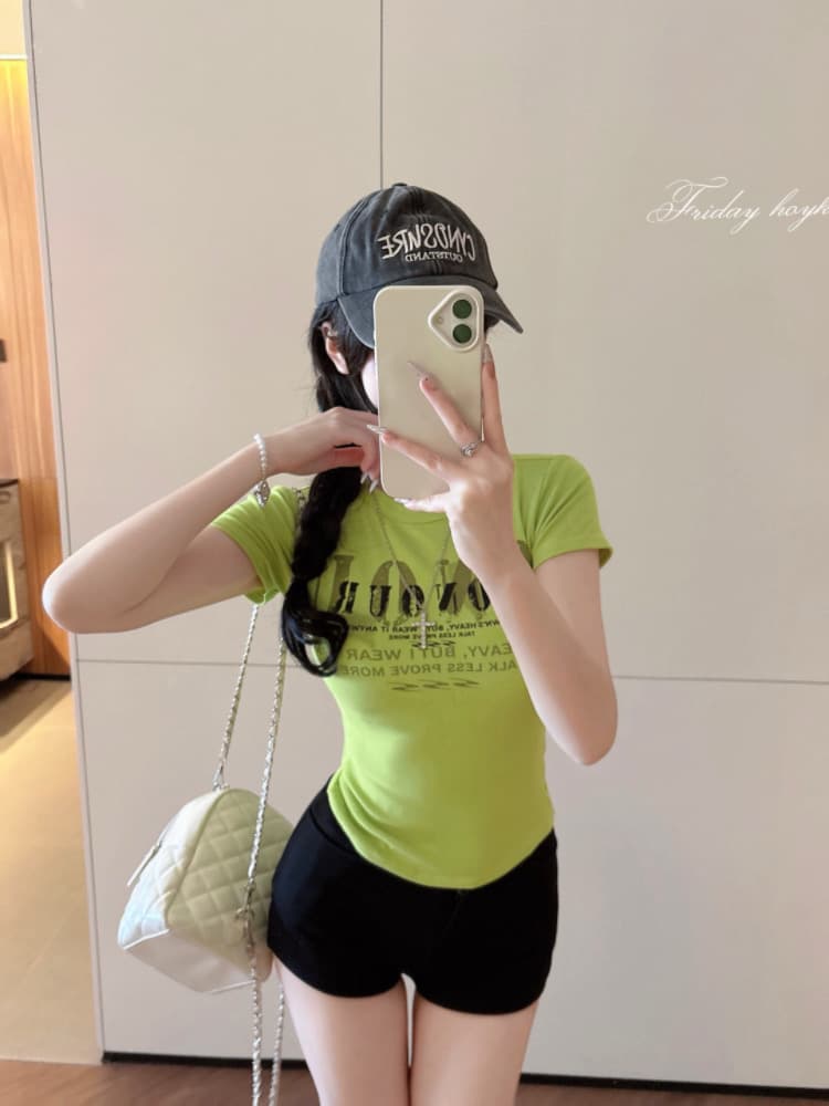 실사 감소되지 않음 아메리칸 핫걸 알파벳 반팔 티셔츠 여성 Z아 어깨끈 가슴 패드 몸매 가꾸기 맨위 상세 이미지 34