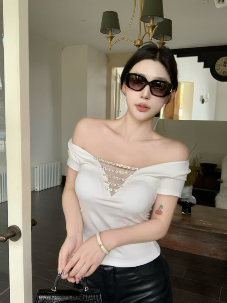 실사 감소되지 않음 순수한 욕망 섹시함 V넥 핫걸 반팔 티셔츠 여성 디자인 센스 훈련 사슬 몸매 가꾸기 짧은 맨위 상세 이미지 8