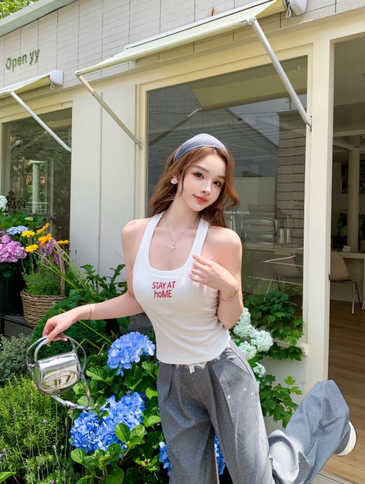 실사 감소되지 않음 핫걸 알파벳 자수 라운드 넥 조끼 여성 여름 몸매 가꾸기 외출용 다용도 만나는 맨위 상세 이미지 14
