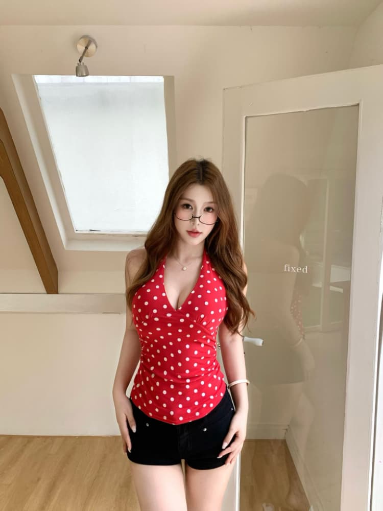 실사 감소되지 않음 핫걸 도트 무늬 행침 목 작은 조끼 여성 여름 몸매 가꾸기 외출용 벨트 가슴 패드 민소매 맨위 상세 이미지 9