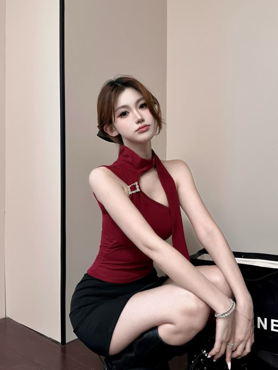 실사 감소되지 않음 순수한 욕망 핫걸 금속 버클 목도리 조끼 여성 여름 몸매 가꾸기 백 잡아라. 벨트 가슴 패드 이미지 2