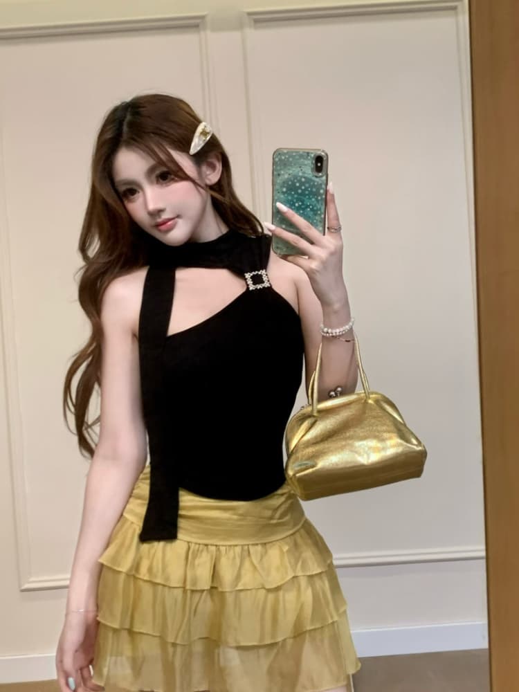 실사 감소되지 않음 순수한 욕망 핫걸 금속 버클 목도리 조끼 여성 여름 몸매 가꾸기 백 잡아라. 벨트 가슴 패드 상세 이미지 10