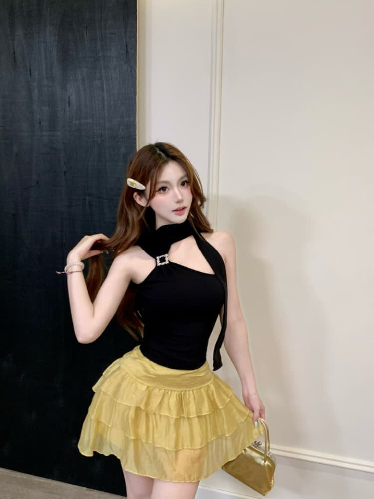 실사 감소되지 않음 순수한 욕망 핫걸 금속 버클 목도리 조끼 여성 여름 몸매 가꾸기 백 잡아라. 벨트 가슴 패드 상세 이미지 15