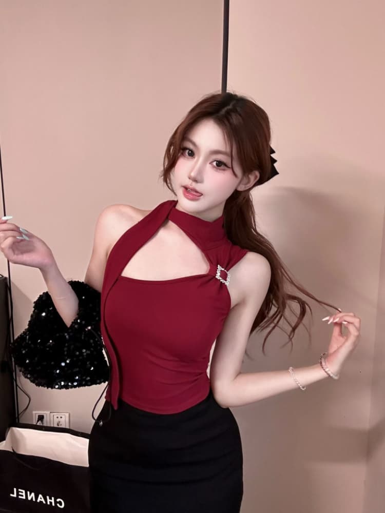 실사 감소되지 않음 순수한 욕망 핫걸 금속 버클 목도리 조끼 여성 여름 몸매 가꾸기 백 잡아라. 벨트 가슴 패드 상세 이미지 18