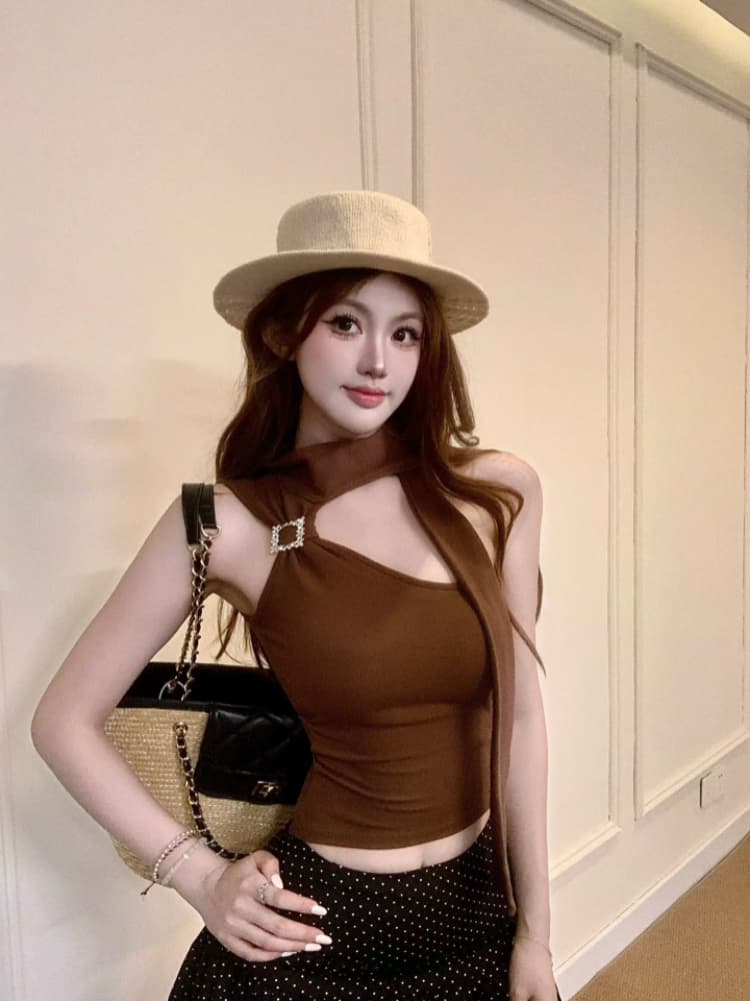 실사 감소되지 않음 순수한 욕망 핫걸 금속 버클 목도리 조끼 여성 여름 몸매 가꾸기 백 잡아라. 벨트 가슴 패드 상세 이미지 22